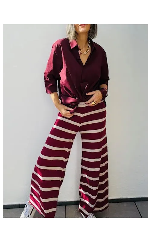Pantalones Punto a Rayas Burdeos